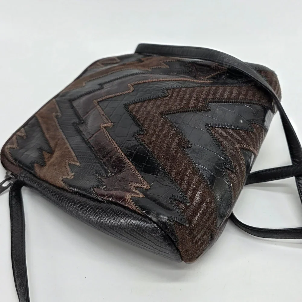 Vintage Sharif‎ Crossbody Bag Patchwork Leather Suede Brown Black Snake USA 80s